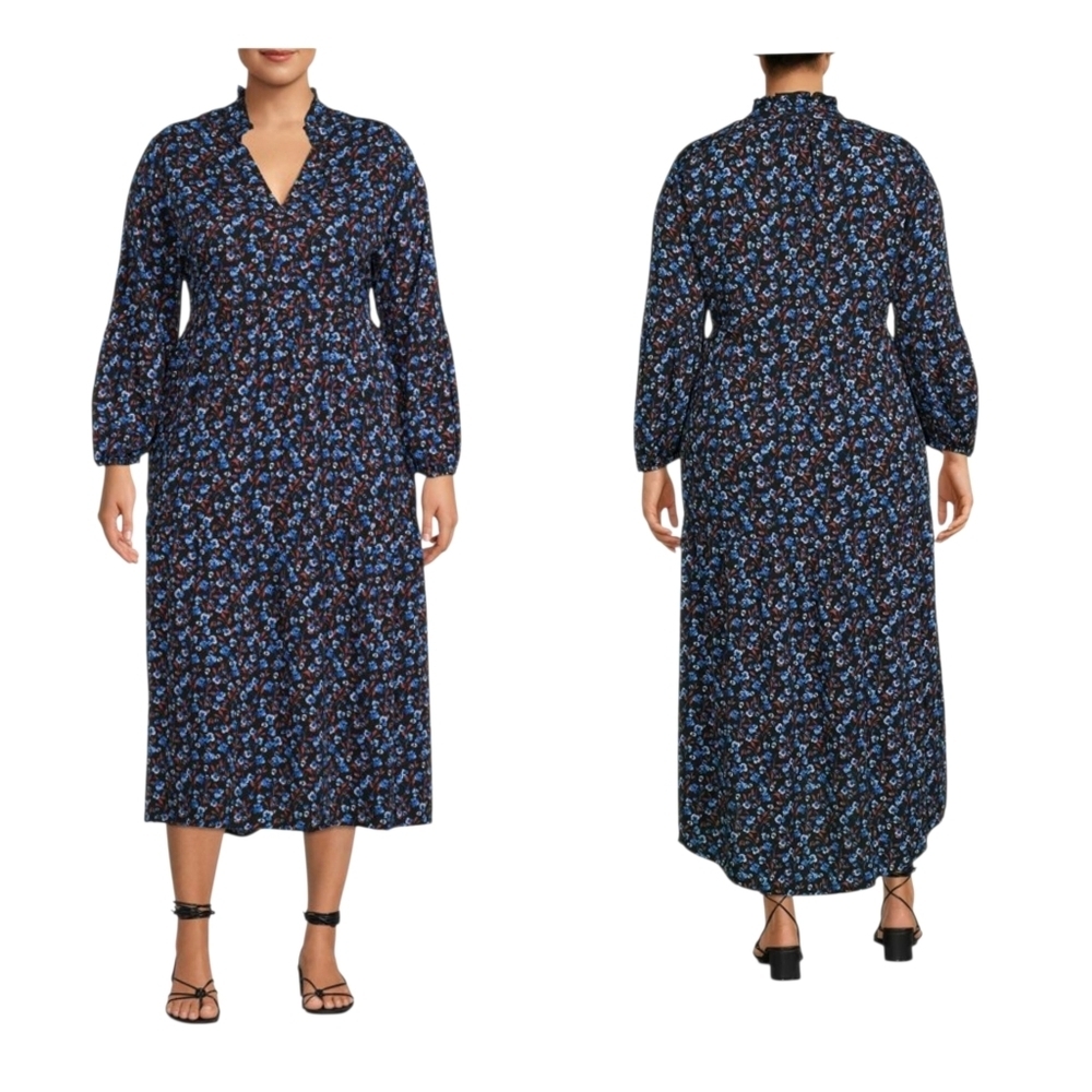 Terra Sky Women's Plus Size Peasant Dress 2X Blue Floral Long Sleeve Pocket Fall - Picture 13 of 13